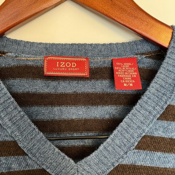 IZOD Striped V-Neck Sweater Blue and Brown size medium - Picture 3 of 4